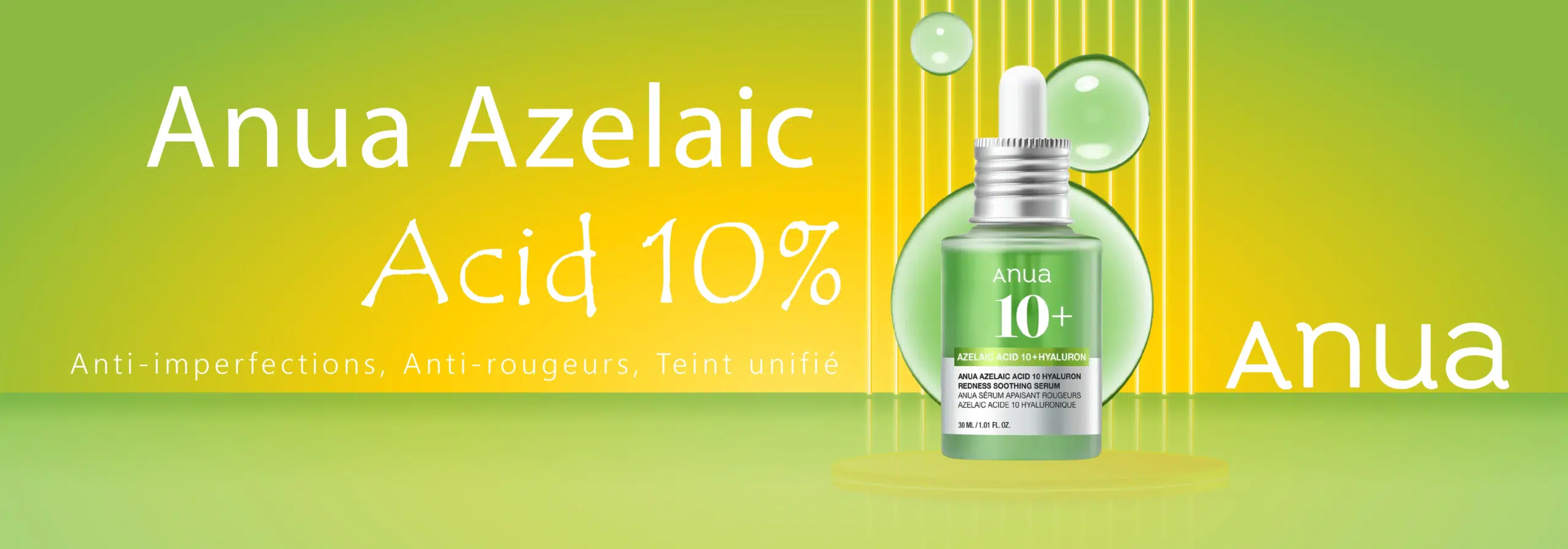 anua-serum-elat-coreen-dakar-universcosmetix Un flacon compte-gouttes vert étiqueté "Anua 10+ Azelaic Acid 10%" se détache sur un fond vert dégradé avec des bulles. Univers Cosmetix met en avant les bénéfices : anti-imperfections, anti-rougeurs, teint uniforme. Dakar