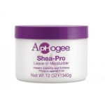 Pot en plastique blanc avec un couvercle violet étiqueté "Aphogee Shea-Pro Leave-In Moisturizer". Le texte mentionne qu'il confère élasticité et douceur, protège contre les frisottis, et que le poids net est de 340 g (12 oz). Dakar