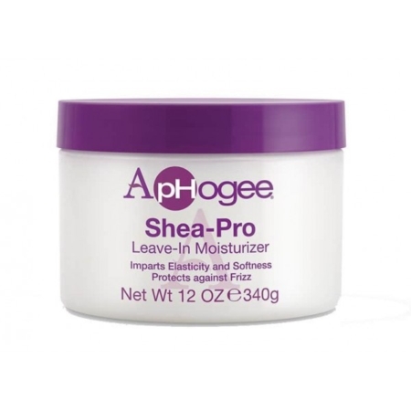Pot en plastique blanc avec un couvercle violet étiqueté "Aphogee Shea-Pro Leave-In Moisturizer". Le texte mentionne qu'il confère élasticité et douceur, protège contre les frisottis, et que le poids net est de 340 g (12 oz). Dakar