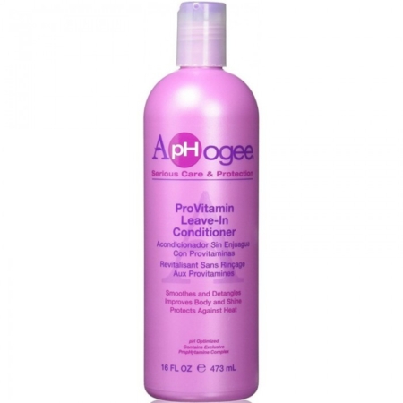 Une bouteille rose de 16 fl oz d'ApHogee ProVitamin Leave-In Conditioner avec un bouchon à pompe violet. L'étiquette souligne sa capacité à lisser, démêler et protéger les cheveux contre la chaleur. Dakar