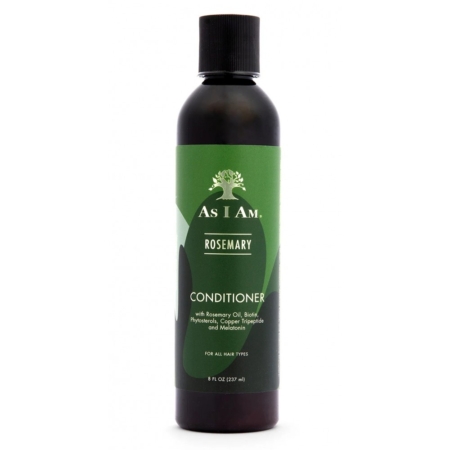 Une bouteille noire de l'après-shampoing au romarin As I Am avec une étiquette verte, comportant un texte sur l'huile de romarin et les ingrédients. Le flacon a une contenance de 237 ml et est conçu pour tous les types de cheveux. Dakar