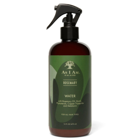 Un flacon pulvérisateur marron foncé étiqueté "As I Am Rosemary Water", contenant de l'huile de romarin, de la biotine et de la mélatonine, conçu pour tous les types de cheveux. L'étiquette est verte avec un motif de feuilles et le flacon contient 475 ml (16 fl oz). Dakar