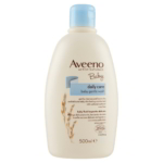 Un flacon de 500 ml d'Aveeno Baby Bain et Douche Gel Délicat Peau Sensible Bébé, avec un bouchon blanc et une étiquette présentant les détails du produit et une douce illustration d'avoine. Dakar