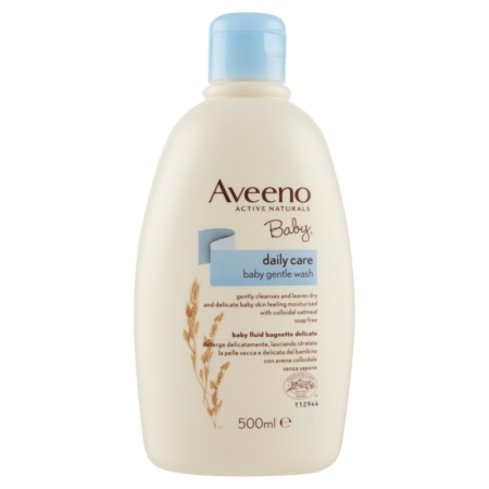 Un flacon de 500 ml d'Aveeno Baby Bain et Douche Gel Délicat Peau Sensible Bébé, avec un bouchon blanc et une étiquette présentant les détails du produit et une douce illustration d'avoine. Dakar