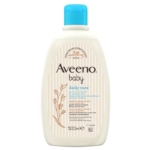 Un flacon de 500 ml d'Aveeno Baby Bain et Douche Gel Délicat Peau Sensible Bébé avec un bouchon bleu, des rayures crème, un graphisme végétal marron et des détails sur le produit sur l'étiquette avant. Dakar