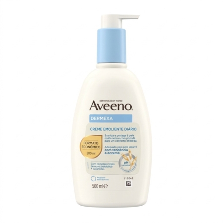Un flacon pompe de 500 ml d'Aveeno Dermexa Crème Émolliente Apaisante Peaux Très Sèches Irritées et Sensibles, avec une pompe bleue et une étiquette portugaise pour les peaux très sèches, irritées et sensibles. Dakar