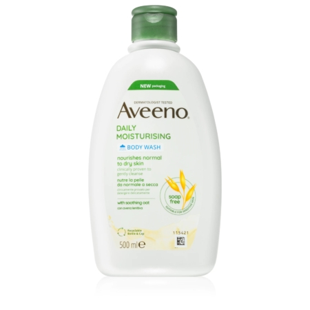 Un flacon blanc de 500 ml d'Aveeno Daily Moisturising Body Wash avec un bouchon vert et une étiquette avec des motifs d'avoine, soulignant qu'il est sans savon et convient aux peaux normales à sèches. Dakar