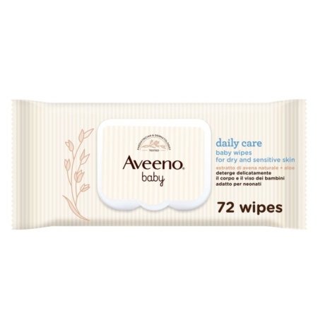 Un paquet de 72 lingettes Aveeno Baby pour le soin quotidien des peaux sèches et sensibles. L'emballage est beige avec un motif végétal et un texte bleu, et mentionne des extraits naturels d'avoine et d'aloès. Dakar