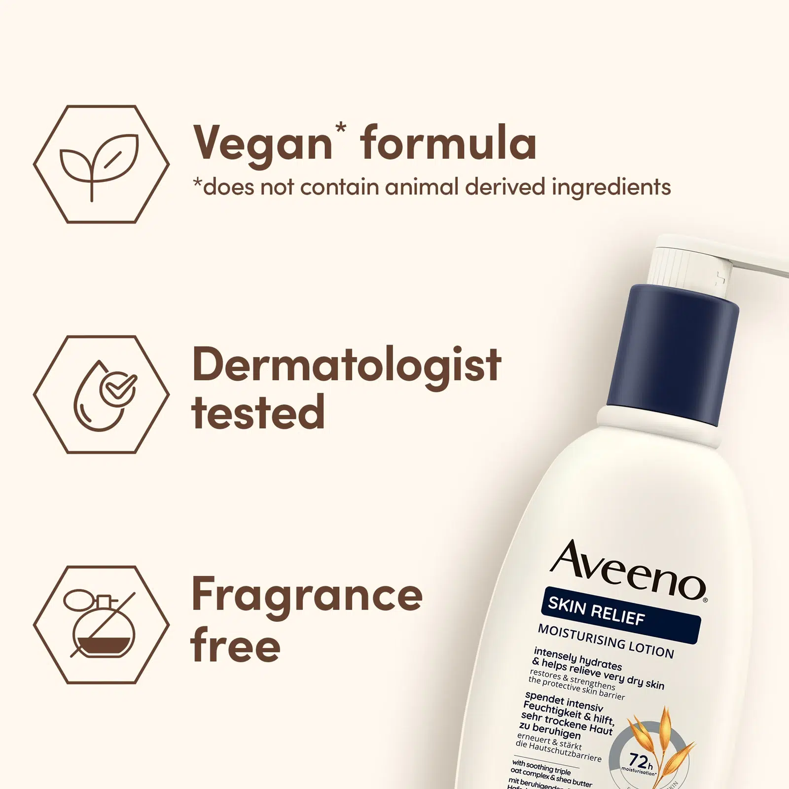 Un flacon de 300 ml d'Aveeno Lotion Lait Corporel Hydratant Peaux très Sèches Skin Relief Nourishing avec des icônes : " Formule végétalienne - aucun ingrédient d'origine animale ", " Testé par des dermatologues " et " Sans parfum ". Dakar