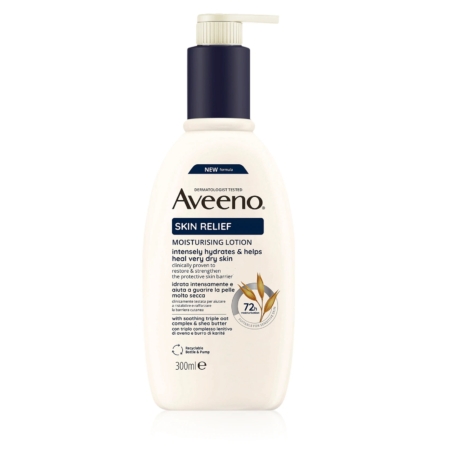 Un flacon pompe de 300 ml d'Aveeno Lotion Lait Corporel Hydratant Peaux très Sèches Skin Relief Nourishing avec une étiquette bleue et beige, comportant un texte sur l'hydratation intense pour les peaux très sèches et un graphique d'avoine. Dakar