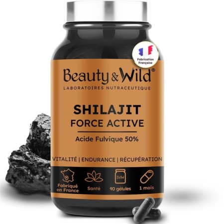 Le pot de Beauty&Wild Shilajit Pur Complément Alimentaire Naturel pour l'Énergie Vitalité et la Clarté Mentale 90 gélules présente un couvercle noir, une étiquette orange en français, ainsi que des icônes pour la santé, l'endurance et la fabrication française. Les gélules et la roche de shilajit sont représentées. Dakar