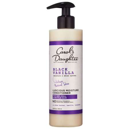 Une bouteille d'après-shampoing Black Vanilla Luscious Moisture de Carol's Daughter avec un distributeur à pompe, comportant une étiquette blanche avec des accents violets et des détails sur le produit pour les cheveux secs, ternes et cassants. Dakar