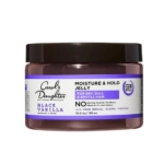 Un pot de 12 oz de gelée d'hydratation et de tenue à la vanille noire de Carol's Daughter pour les cheveux secs, ternes et cassants. L'étiquette indique "72H Hold" et précise qu'elle ne contient pas d'alcool desséchant, de parabène ou d'huile minérale. Dakar