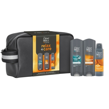 Coffret cadeau Dove Men+Care Relax + Care comprenant une trousse de toilette noire, deux nettoyants pour le corps et le visage et un déodorant en spray, le tout bien rangé dans l'emballage de la marque. Dakar