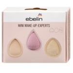 Le coffret "Ebelin Mini Make Up Experts Éponge et Applicateur 1 pièce" comprend trois éponges de maquillage en forme de goutte d'eau - beige clair, rose et beige texturé - sur fond rose pâle. Dakar