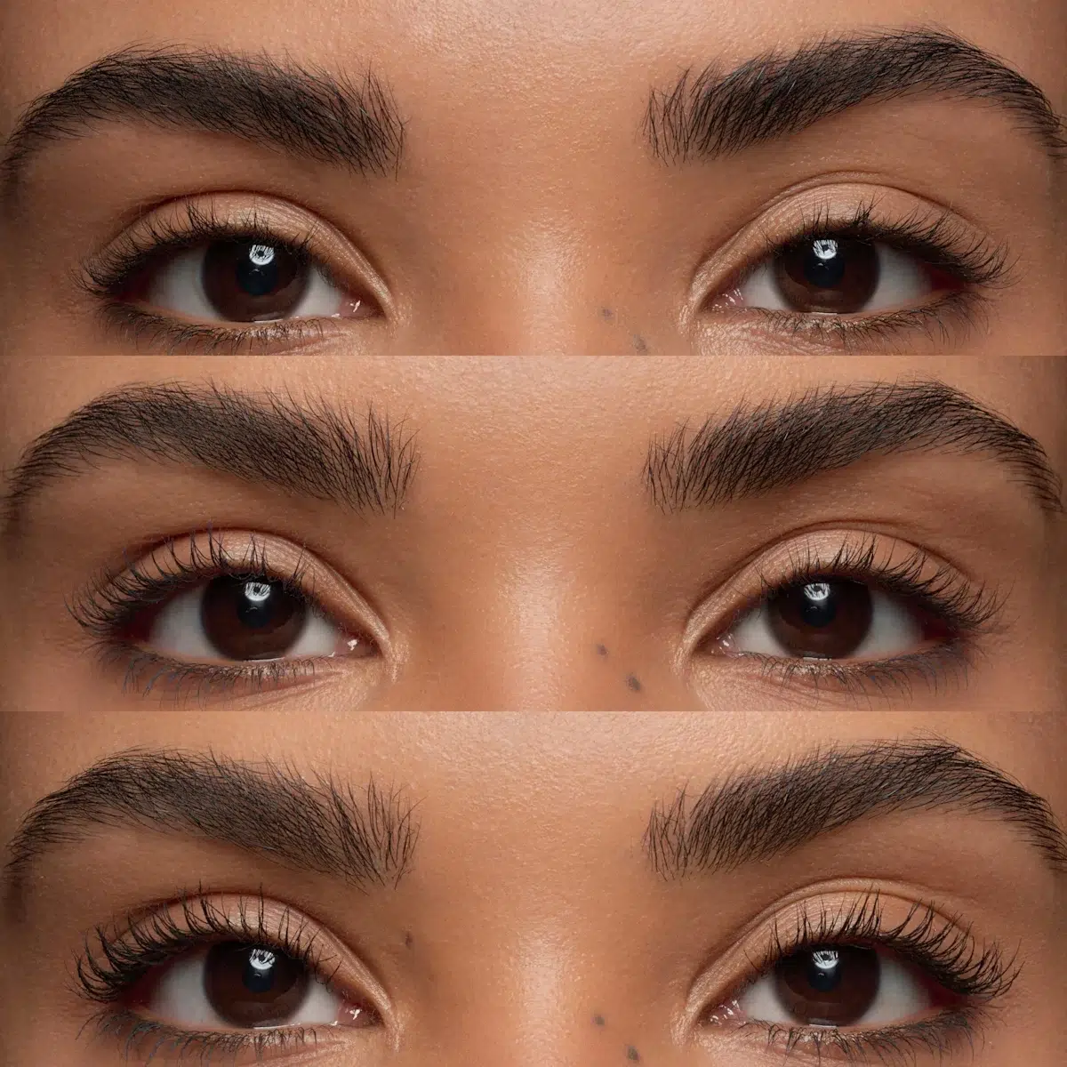 Trois images en gros plan empilées verticalement montrent les yeux et les sourcils bruns de la même personne avec des cils naturels, légèrement recourbés et plus volumineux après l'utilisation du Mascara Essence Volume et Longueur Extrêmes 01 Ultra Black 13 ml. Dakar