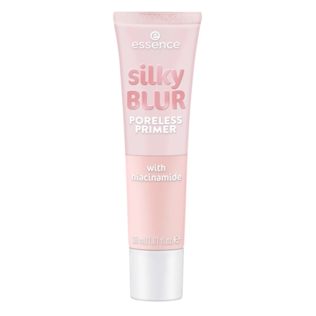 Un tube rose d'Essence Silky Blur Poreless Primer avec niacinamide, 30 ml (1.01 fl oz), debout sur un fond blanc. Dakar