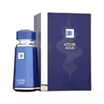 Un flacon bleu d'Eau de Parfum Azzure Aoud 100ml de l'Avenue de France se trouve à côté d'une boîte bleue assortie avec un design argenté et un accent carré, les deux se trouvant sur un fond blanc. Dakar