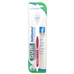 Le gratte-langue Gum Gratte langue Halicontrol 760 Couleur Rouge est présenté dans un emballage montrant son manche blanc et rouge et sa tête de raclage bleue, avec des informations sur le produit affichées sur l'emballage. Dakar