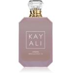 Un flacon rectangulaire mauve avec un bouchon clair à facettes et un col doré, étiqueté "KAYALI" et "UTOPIA VANILLA COCO | 21", contient l'élégante Eau de Parfum pour femme Kayali Utopia Vanilla Coco 21 100ml en texte blanc délicat. Dakar