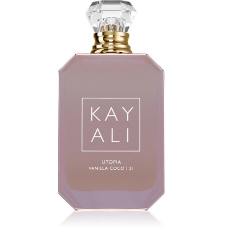 Un flacon rectangulaire mauve avec un bouchon clair à facettes et un col doré, étiqueté "KAYALI" et "UTOPIA VANILLA COCO | 21", contient l'élégante Eau de Parfum pour femme Kayali Utopia Vanilla Coco 21 100ml en texte blanc délicat. Dakar