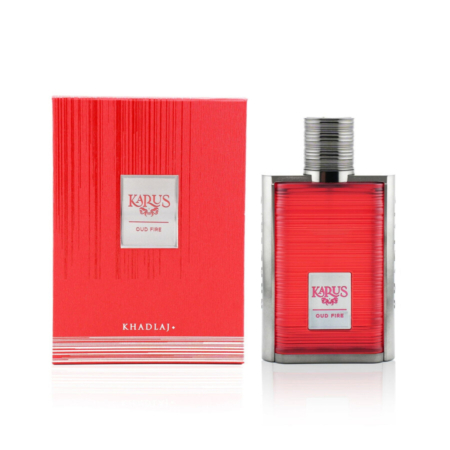 Un flacon rouge de Khadlaj Karus Oud Fire Eau De Parfum Unisex 100ml se trouve à côté de sa boîte rouge assortie, rehaussée d'argent et de blanc, les deux affichant le nom de la marque "Khadlaj" au bas de l'emballage. Dakar