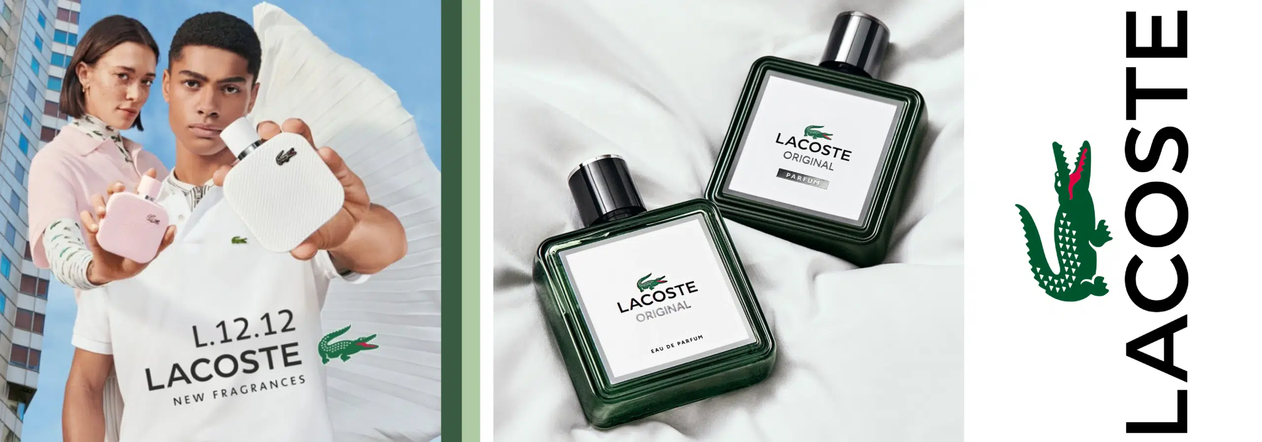 Un homme et une femme tiennent des flacons de parfum Lacoste d'Univers Cosmetix ; deux flacons d'eau de Cologne Lacoste verts sont placés côte à côte, tandis que le logo emblématique du crocodile vert apparaît sur la droite. Dakar
