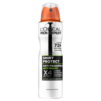 Un aérosol blanc et orange de déodorant anti-transpirant L'Oréal Men Expert Shirt Protect, avec des allégations de protection 72 heures, anti-odeur et anti-traces en français et en anglais sur l'étiquette. Dakar