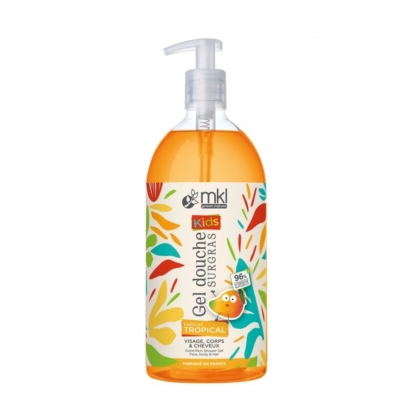 Un flacon pompe transparent de gel douche tropical MKL Kids avec un liquide orange à l'intérieur, décoré de feuilles tropicales colorées et d'une illustration de poisson orange sur l'étiquette. Le produit convient pour le visage, le corps et les cheveux. Dakar