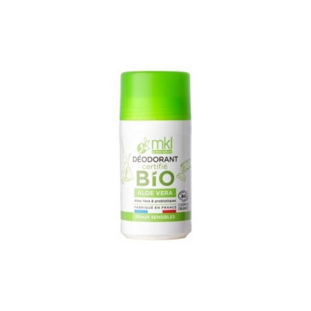 Un flacon roll-on blanc de déodorant à l'aloe vera certifié biologique MKL avec des accents verts, étiqueté pour les peaux sensibles et fabriqué en France. Dakar