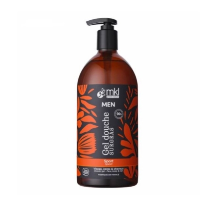 Un flacon pompe marron de MKL Men Gel Douche Surgras Sport, décoré de motifs de feuilles orange sur l'étiquette, conçu pour le visage, le corps et les cheveux. Le flacon est étiqueté en français. Dakar