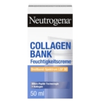 Boîte de Neutrogena Collagen Bank Crème Hydratante SPF30 Peaux Sensibles 50 ml, avec un design bleu et blanc, une image de distributeur à pompe et un texte en allemand mettant en avant la technologie des micro-peptides et les bienfaits du collagène. Dakar