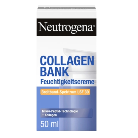 Boîte de Neutrogena Collagen Bank Crème Hydratante SPF30 Peaux Sensibles 50 ml, avec un design bleu et blanc, une image de distributeur à pompe et un texte en allemand mettant en avant la technologie des micro-peptides et les bienfaits du collagène. Dakar