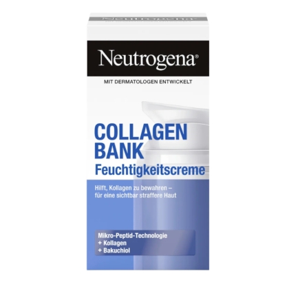Vue de face d'une boîte de crème hydratante Neutrogena Collagen Bank Feuchtigkeitscreme, avec des couleurs bleues et blanches, le nom du produit et les principaux ingrédients énumérés en allemand sur l'emballage. Dakar