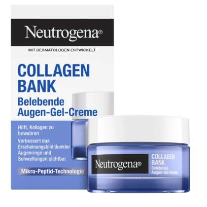 Un pot et une boîte de gel-crème pour les yeux Neutrogena Collagen Bank, avec un emballage bleu et blanc et un texte en allemand soulignant le soutien du collagène, l'amélioration des cernes et la technologie des micro-peptides. Dakar