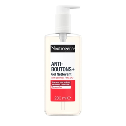 Flacon pompe en plastique transparent de Neutrogena Anti-Boutons+ Gel Nettoyant, 200 ml, avec étiquette en français indiquant qu'il contient de l'acide salicylique et du PHA (2%), sans parfum. Dakar