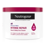 Un pot blanc et rose de Neutrogena Intense Repair Face & Body Cica Cream, étiqueté pour les peaux très sèches et rugueuses, avec une formule norvégienne et 2X Centella Asiatica pour un soulagement instantané et une réparation intense. Dakar