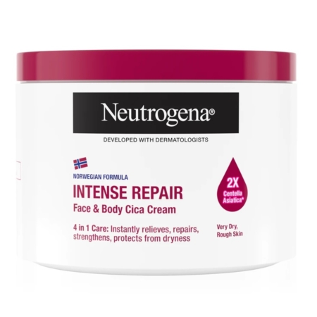 Un pot blanc et rose de Neutrogena Intense Repair Face & Body Cica Cream, étiqueté pour les peaux très sèches et rugueuses, avec une formule norvégienne et 2X Centella Asiatica pour un soulagement instantané et une réparation intense. Dakar