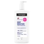 Un flacon pompe blanc de Neutrogena Lait corporel Hydratation Intense Peaux Sensibles 400 ml, avec un texte bleu et rose, met en évidence "10% de glycérine", et est idéal pour les peaux sèches et sensibles. Dakar
