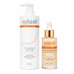 Découvrez le Duo Éclaircissant Expert Visage et Corps Lait + Sérum Anti Taches de Nohooh : une lotion réparatrice blanchissante de 500ml et un sérum anti-taches de 50ml dans un packaging blanc et or pour un visage et un corps éclatants. Dakar
