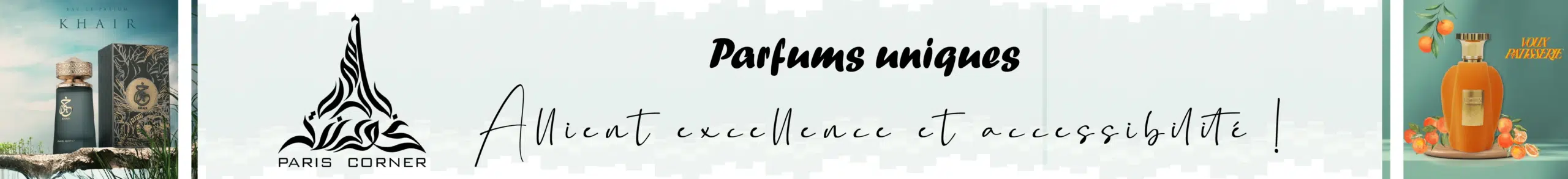 Bannière avec des flacons de parfum de chaque côté, les logos Univers Cosmetix et Paris Corner à gauche, et le texte "Parfums uniques. Alliant excellence et accessibilité !" sur fond clair. Dakar