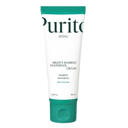 Tube de crème au panthénol Purito Seoul Mighty Bamboo, 100 ml, avec un bouchon vert et un emballage blanc avec un texte vert. Dakar