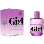 Un flacon rose et violet du parfum Girl Life de Rochas Paris est présenté à côté de sa boîte assortie, qui met en avant les ingrédients naturels et le verre recyclé dans un texte noir. Le flacon et l'étui affichent tous deux le nom du produit en évidence. Dakar