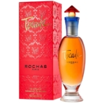 Un flacon de parfum Rochas Tocade avec un bouchon orange et bleu est posé à côté de sa boîte décorative rouge, tous deux affichant la marque et le nom du parfum en élégantes lettres dorées et blanches. Dakar
