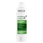 Flacon blanc du shampooing dermatologique Vichy Dercos Technique Antipelliculaire DS pour cheveux normaux à gras, avec un texte vert et noir et un bouchon à charnière. Dakar