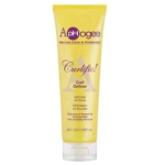 Un tube jaune d'ApHogee Curlific ! Curl Definer, avec un texte violet et blanc et un bouchon à charnière. Ce produit permet de définir les boucles et offre une protection anti-humidité pour les cheveux texturés. Dakar