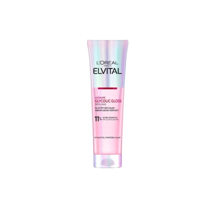 Tube rose et irisé de L'Oréal Paris Elvital Ultimate Glycolic Gloss Serum pour cheveux, avec texte noir et argenté, debout sur fond blanc. Dakar