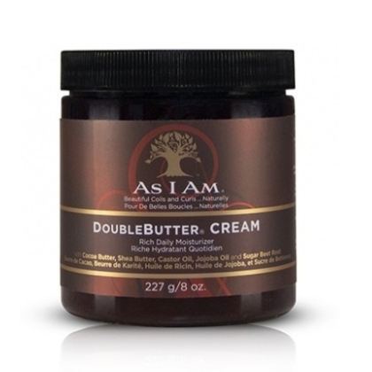 Un pot brun de As I Am DoubleButter Cream Rich Daily Moisturizer, 227 grammes (8 oz), arborant un logo en forme d'arbre doré et un texte énumérant des ingrédients tels que le beurre de cacao, le beurre de karité et l'huile de jojoba. Dakar