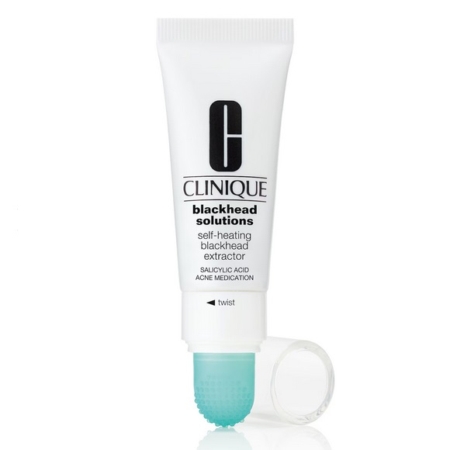 Tube de Clinique Blackhead Solutions Self-Heating Blackhead Extractor avec un embout applicateur turquoise et un bouchon transparent retiré, sur fond blanc. Dakar