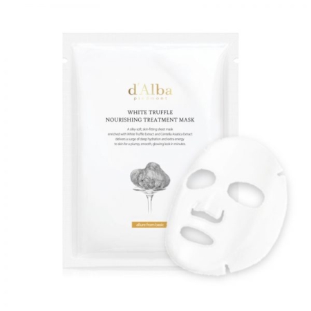 Un paquet de masque de traitement nourrissant à la truffe blanche du Piémont d'Alba est présenté, avec un masque en feuille blanc à côté. L'emballage est minimaliste, avec des accents dorés et l'image d'une truffe sur le devant. Dakar